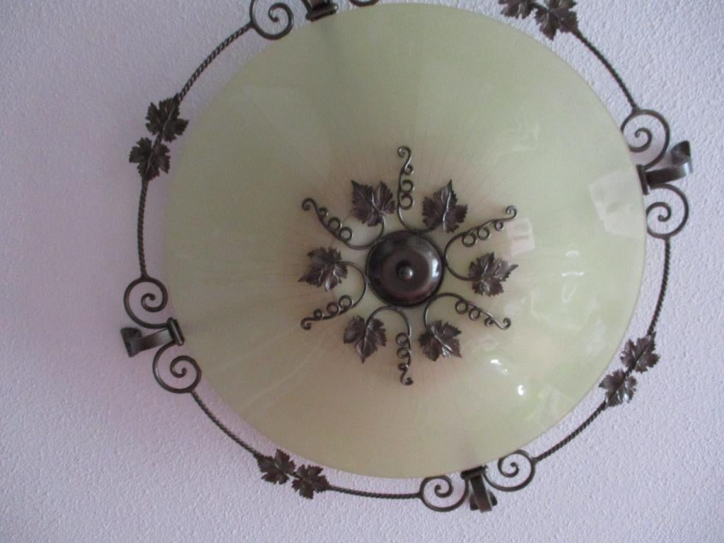 Antieke plafonniere. Glas en tin., Huis en Inrichting, Ophalen, Gebruikt, Glas
