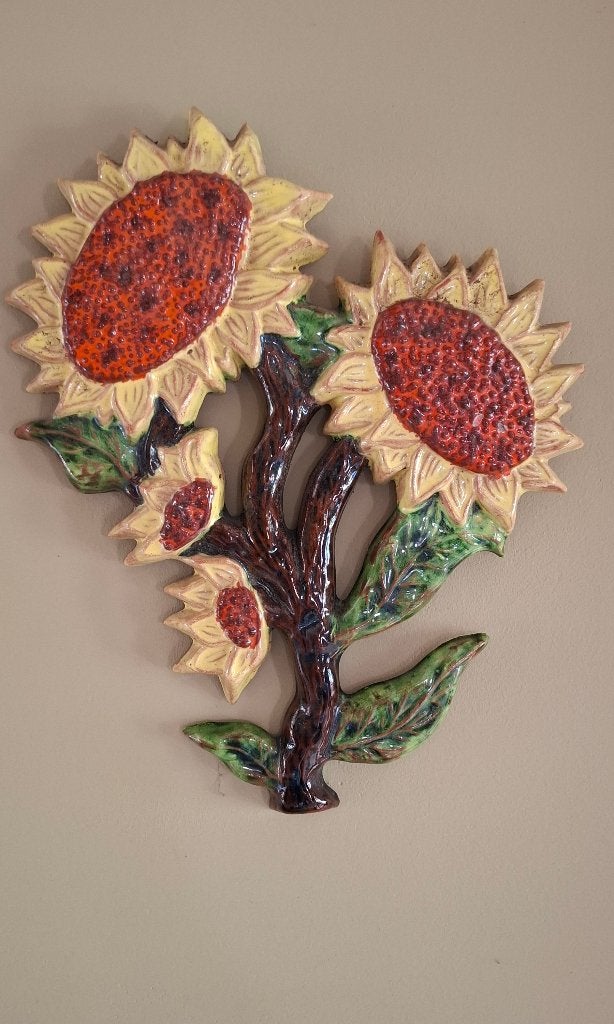 Vintage keramische wandsculptuur - zonnebloem - Amphora, Antiek en Kunst, Antiek | Keramiek en Aardewerk, Ophalen of Verzenden