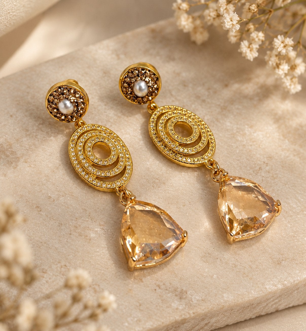 Gouden Oorbellen met Zirkonia en Swarovski Druppels, Met kristal, Hangers, Verzenden, Nieuw