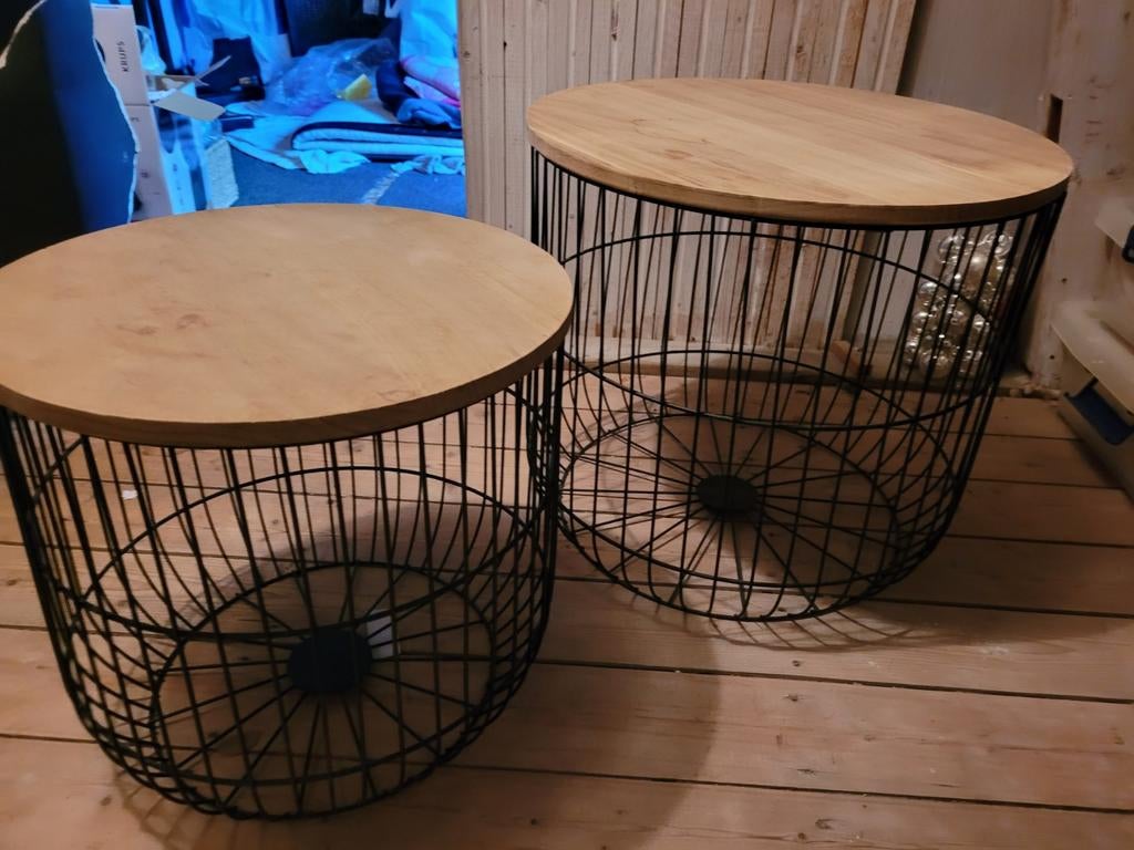 Set van 2 zwarte bijzettafels met houten blad, Ophalen, Minder dan 45 cm, Minder dan 55 cm, Modern, Industrieel