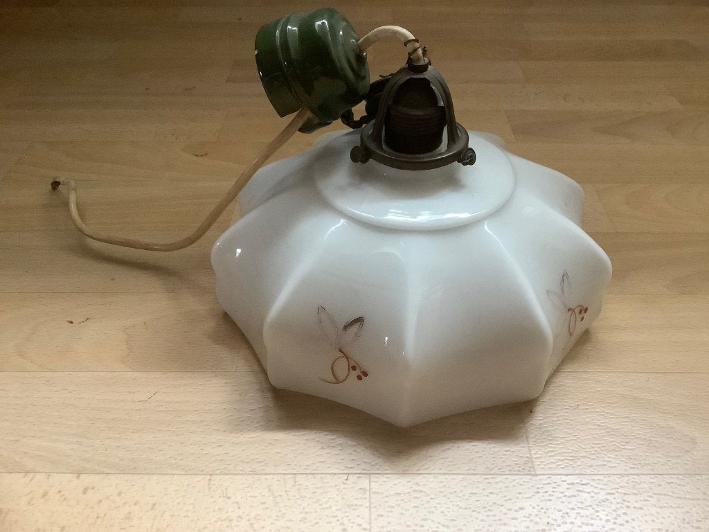 Oud lampenkapje met antiek ophangsysteem (koper + porselein), Antiek en Kunst, Ophalen