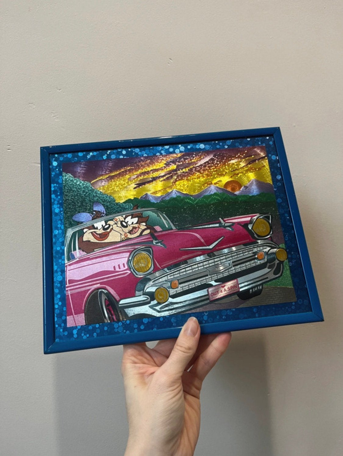 Vintage Tasmanian devil lijstje, 25,5x20,5cm. Taz 90s Looney, Verzenden, Achter glas, Overige typen, 20 cm