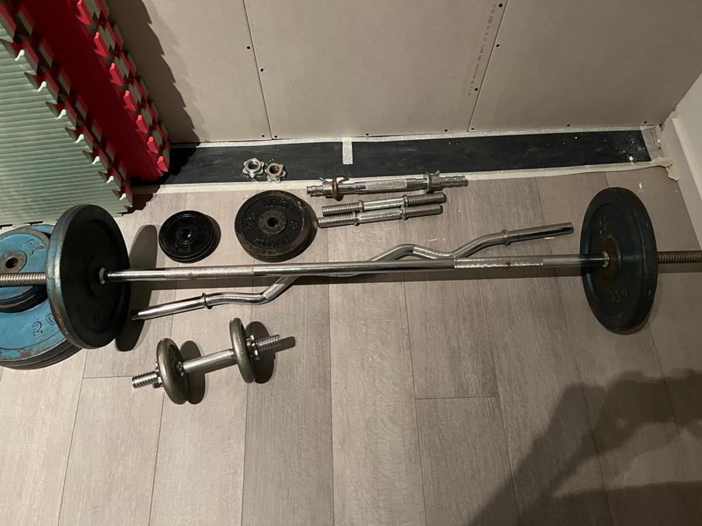 Gewichtenset te koop, met halter curl én dumbbell stang, Ophalen, Halterset