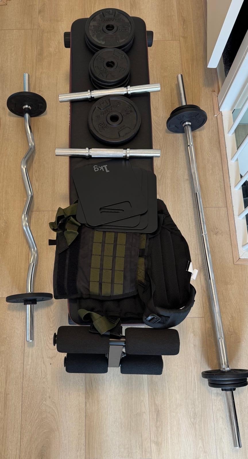 Complete fitnessset/homegym, fitnessbank, halters, gewichten, Sport en Fitness, Ophalen, Zo goed als nieuw, Armen, Dumbbell