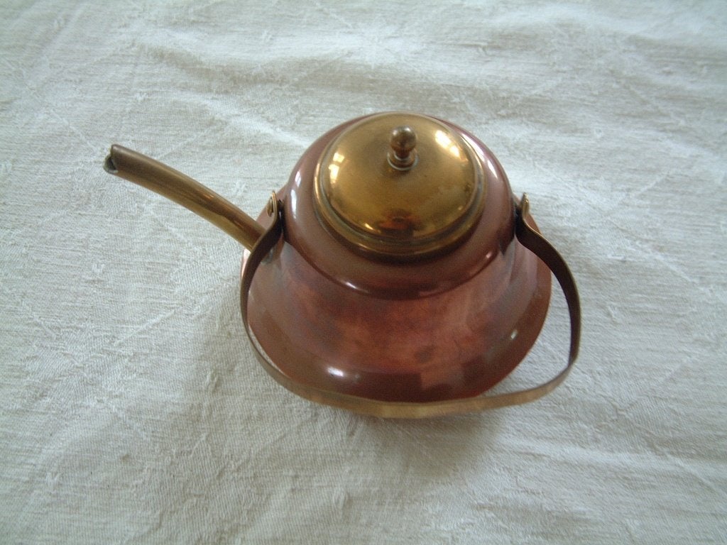 Antiek rood/geel koper koperen kleine ketel kan met hengsel, Ophalen of Verzenden, Gebruikt