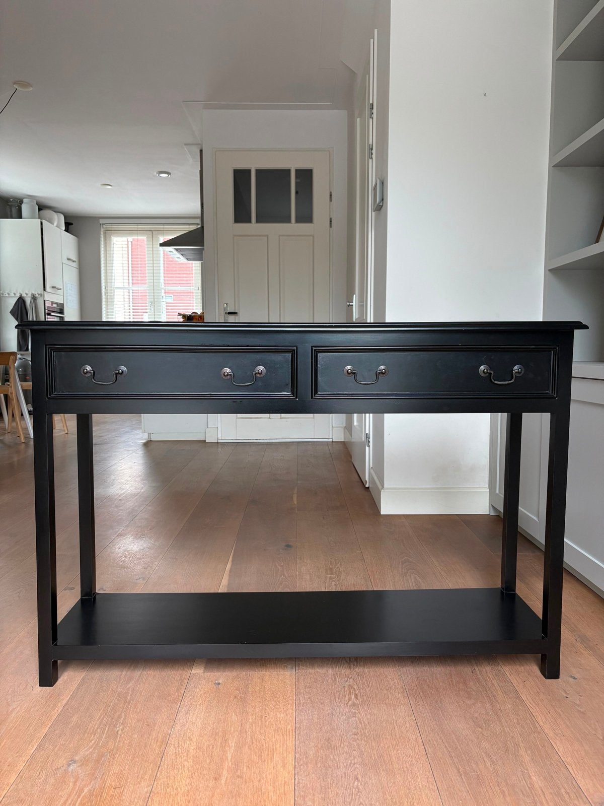 Zwarte console tafel met lades en plank, Huis en Inrichting, Tafels | Eettafels, Ophalen, Minder dan 50 cm, Gebruikt, 100 tot 150 cm