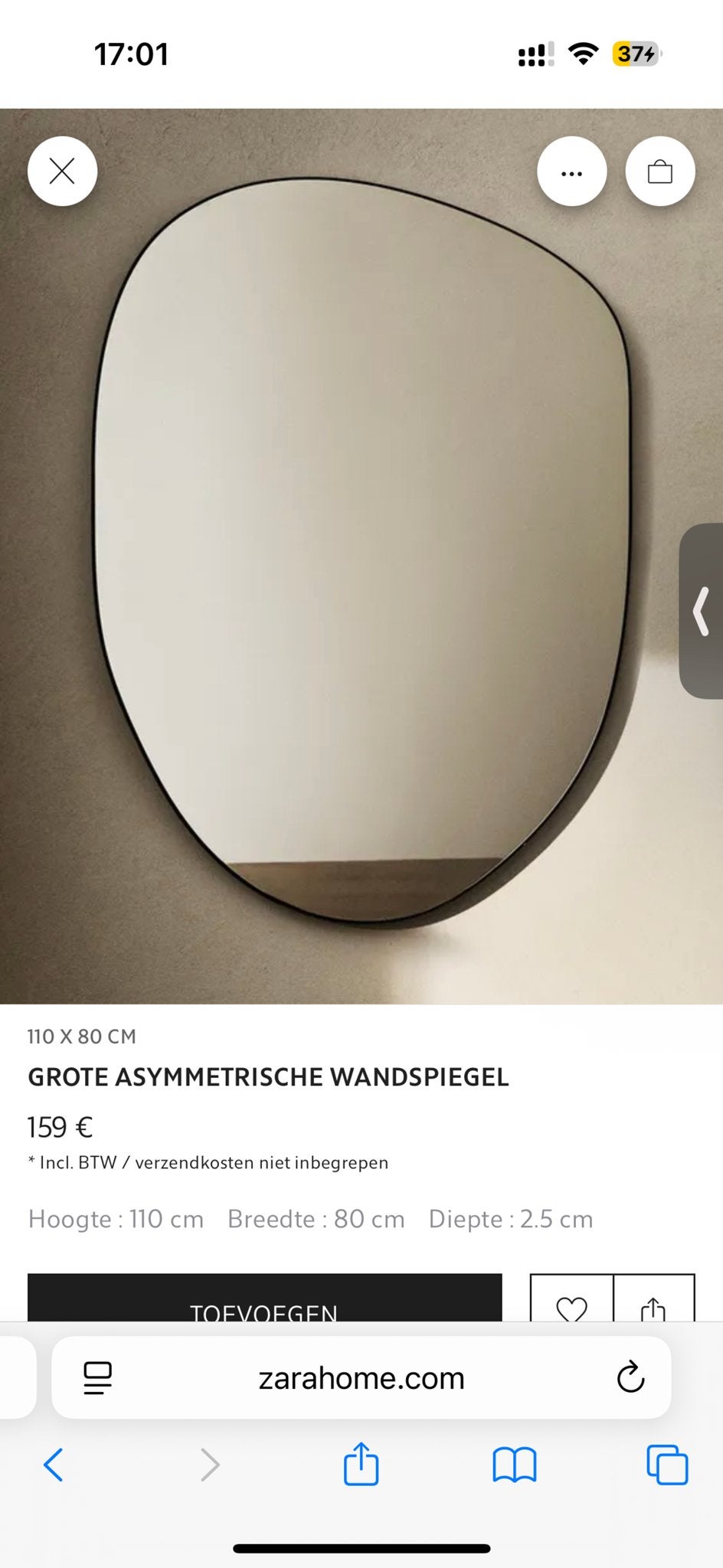 Grote Asymmetrische Wandspiegel - Modern Design, Huis en Inrichting, Ophalen, 100 tot 150 cm, Zo goed als nieuw, 75 tot 100 cm