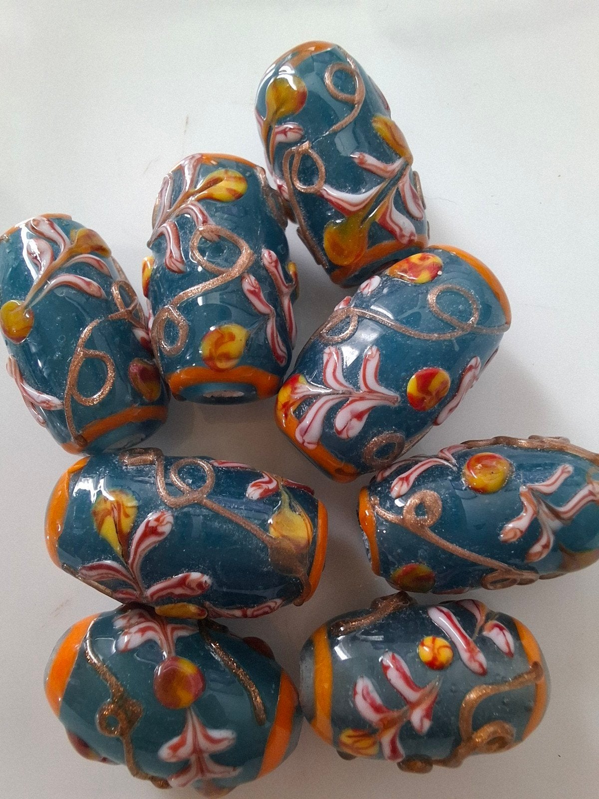 8 stuks luxe grote lampwork glaskralen blauw roze bloem, Ophalen of Verzenden, Nieuw, Kraal