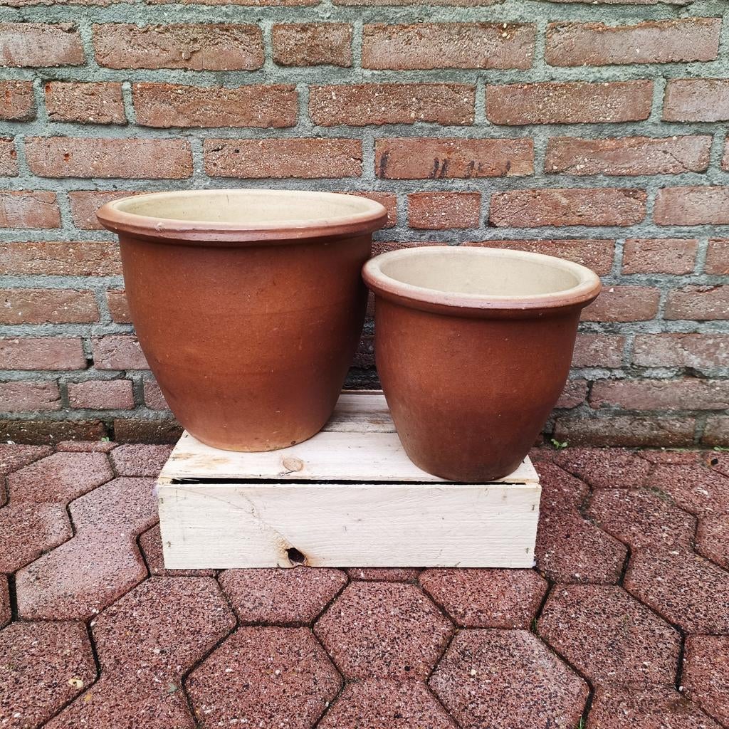 Setje grote geglazuurde terracotta potten, Ophalen, Rond, 25 tot 40 cm, Minder dan 40 cm
