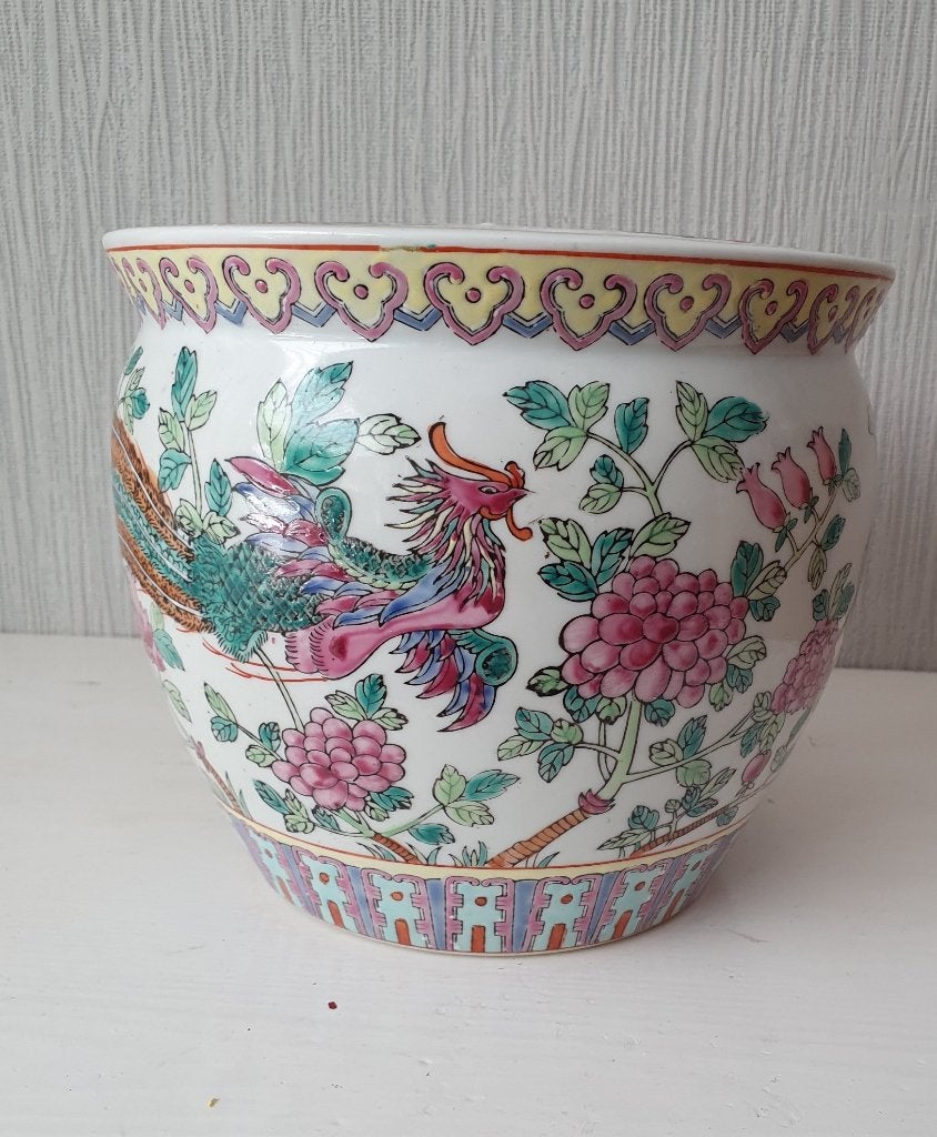 Chinese Bloempot – Famille Rose (Draak & Feniks) – 21x18cm, Ophalen of Verzenden