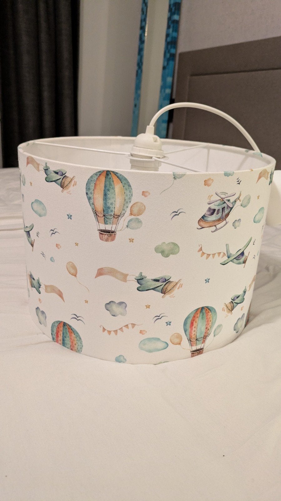 Leuke plafondlamp kinderkamer - luchtballon en vliegtuige, Ophalen, Textiel, E27 (groot), Zo goed als nieuw