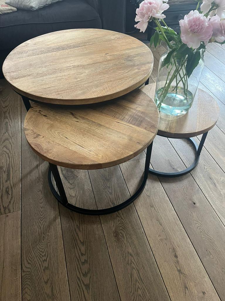 3 acacia houten salontafeltjes/bijzet tafeltjes, Ophalen, 50 tot 100 cm, 50 tot 75 cm, Rond
