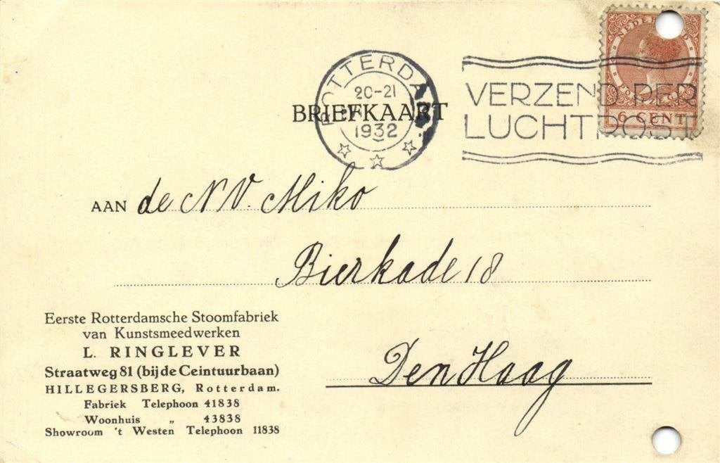 L. Ringlever, Hillegersberg, Rotterdam - 08.1932 - briefkaar, Postzegels en Munten, Ophalen of Verzenden, Briefkaart