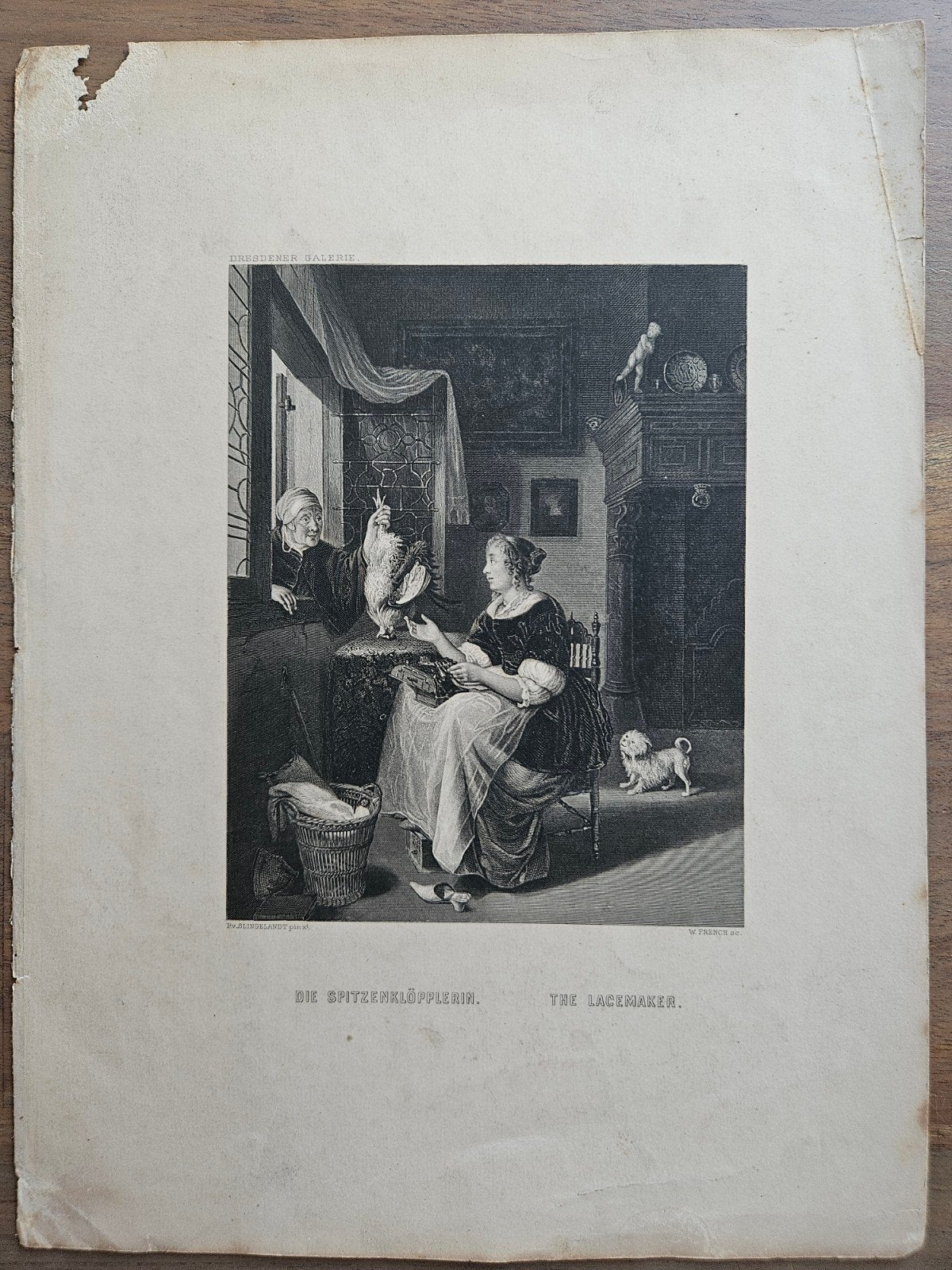 Antieke Gravure: De Kantwerkster (Die Spitzenklöpplerin), Antiek en Kunst, Dagelijks leven, 1800 - 1899, Met tekst, 17 cm