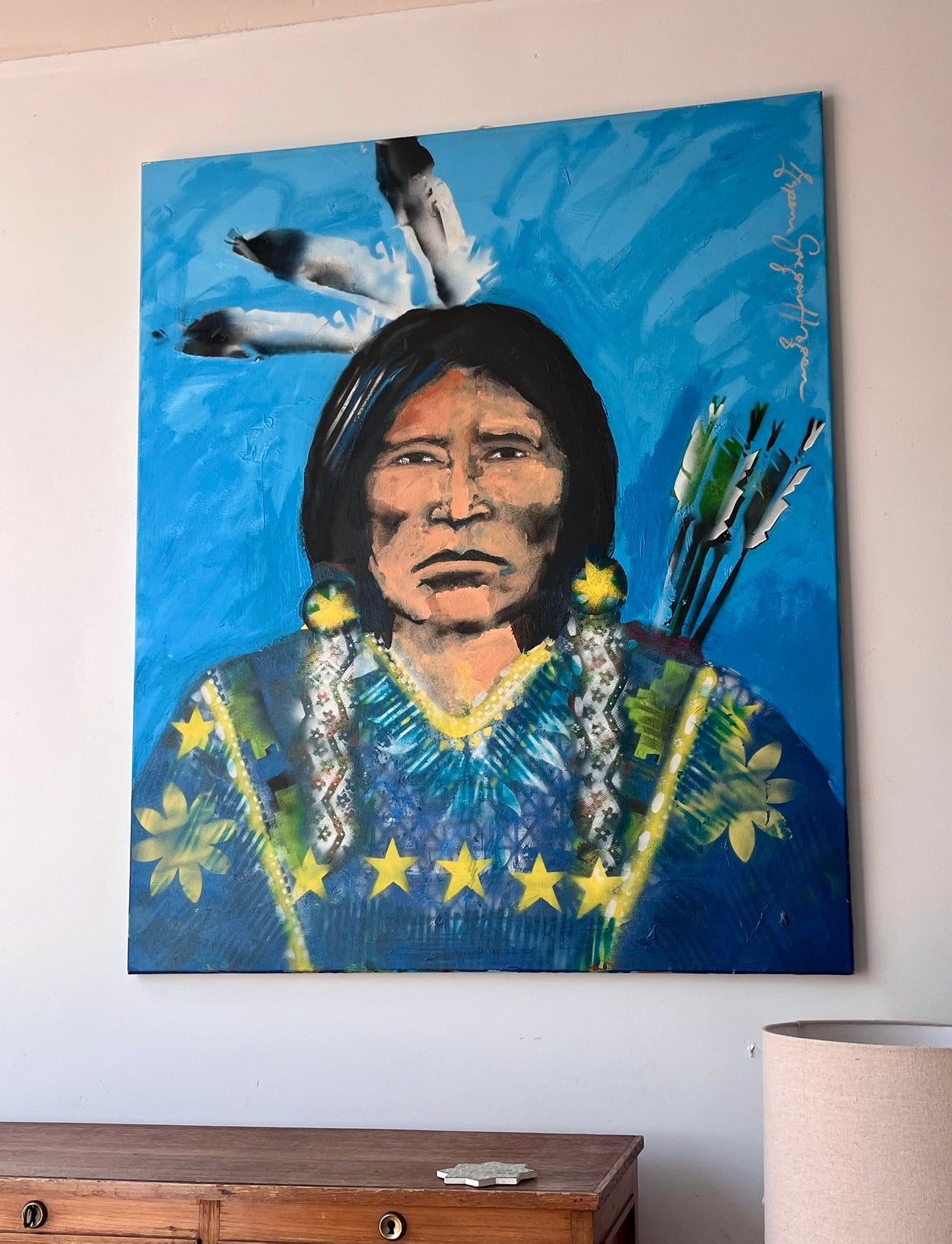 Sfeervolle Indiaan - Origineel Espen Gregor Hagen, Ophalen, Acrylverf, Hout, Op houten frame