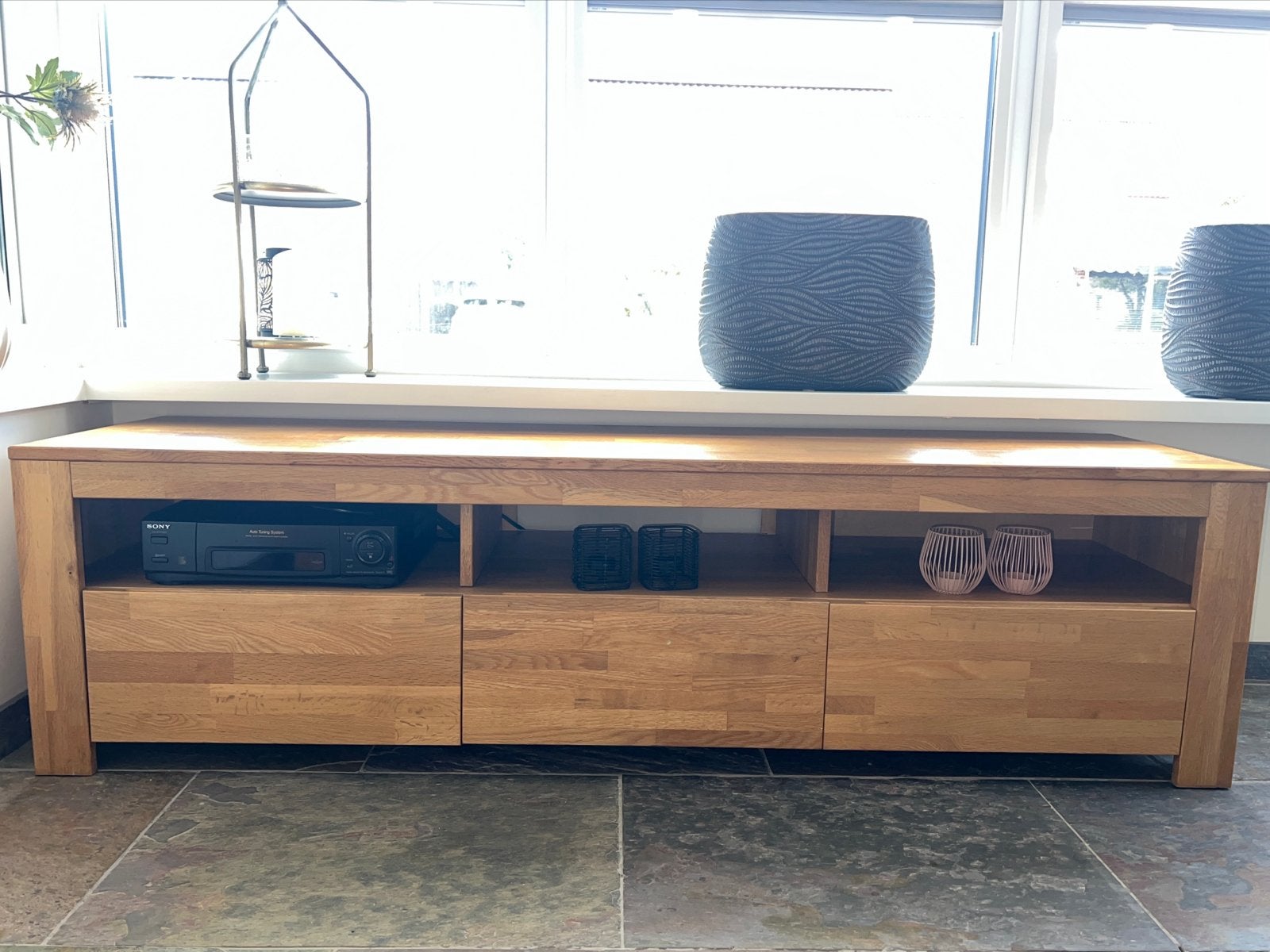 Massief Eiken TV Kast met 2 Lades en Klep - 172x45x47cm, Strak, 150 tot 200 cm, Eikenhout, Ophalen of Verzenden