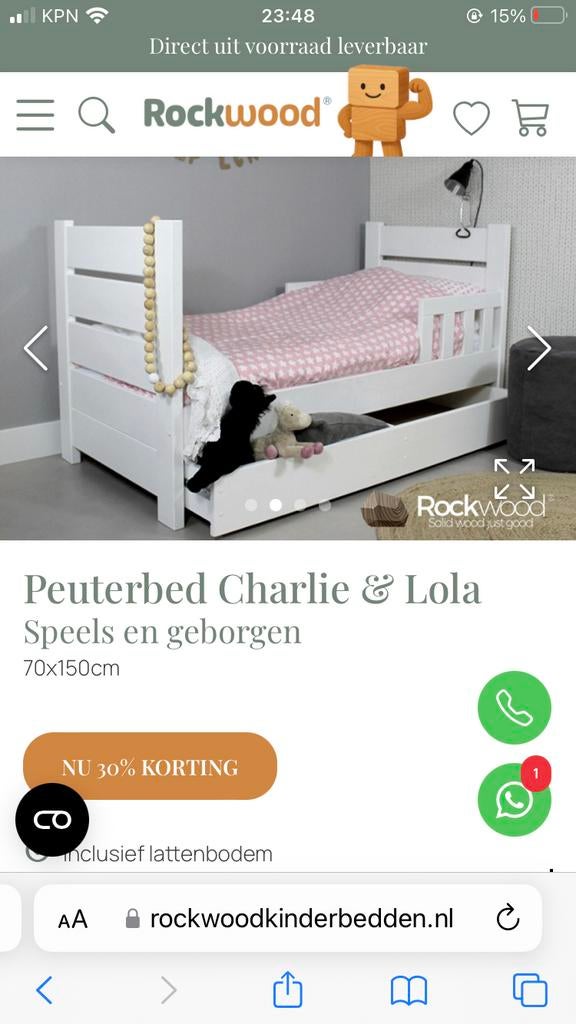 Peuterbed Charlie & Lola 70x150cm met lattenbodem, Kinderen en Baby's, Kinderkamer | Stapelbedden en Hoogslapers, Ophalen of Verzenden