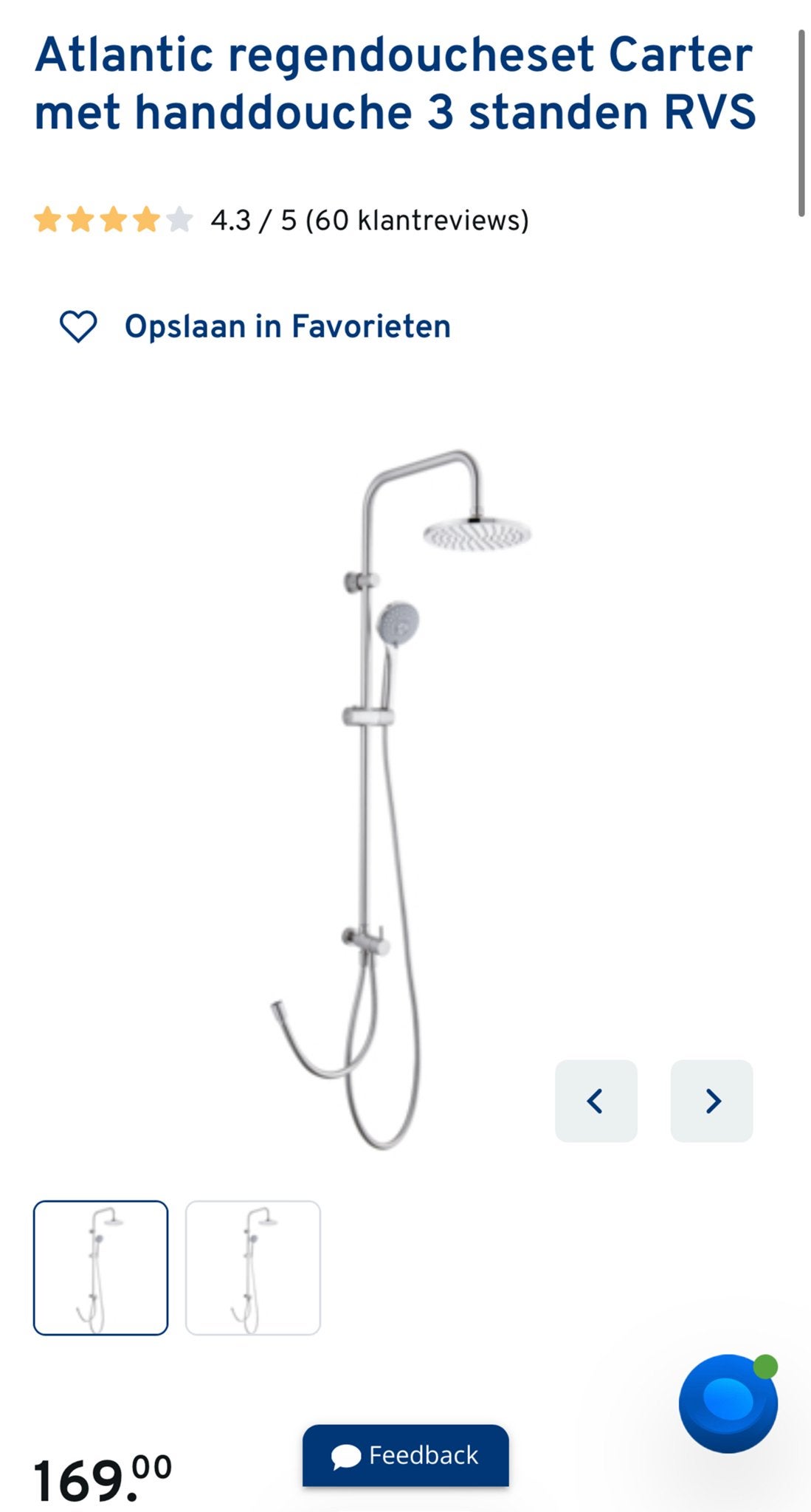 NIEUW! Atlantic Regendoucheset Carter met handdouche RVS, Ophalen, Nieuw, Rvs, Douche