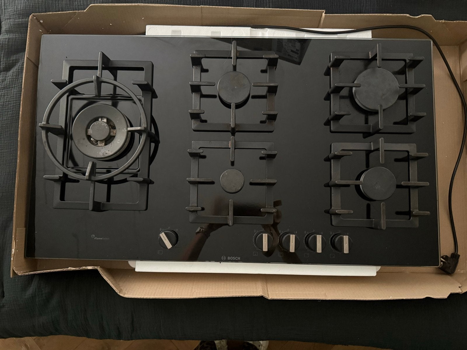 Bosch Gasfornuis Kookplaat 5-pits Zwart Glas, Ophalen, Gebruikt, Inbouw, Gas