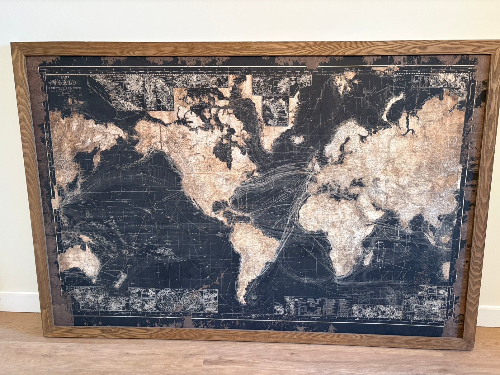 Industriële, brocante uitstraling wereldkaart op doek, Ophalen, Zo goed als nieuw, 125 cm of meer, Schilderij