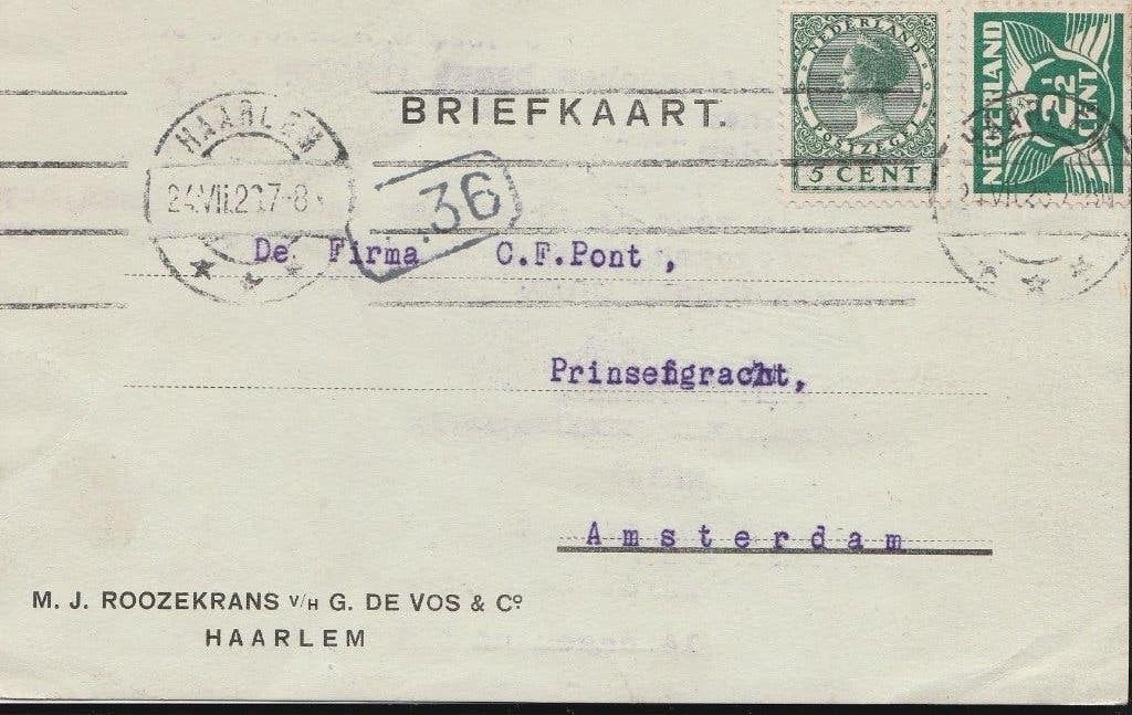 HAARLEM 1928 MJ. ROOZEKRANS vh G de VOS & co wijnhandelaren, Ophalen of Verzenden, 1920 tot 1940, Gelopen, Noord-Holland