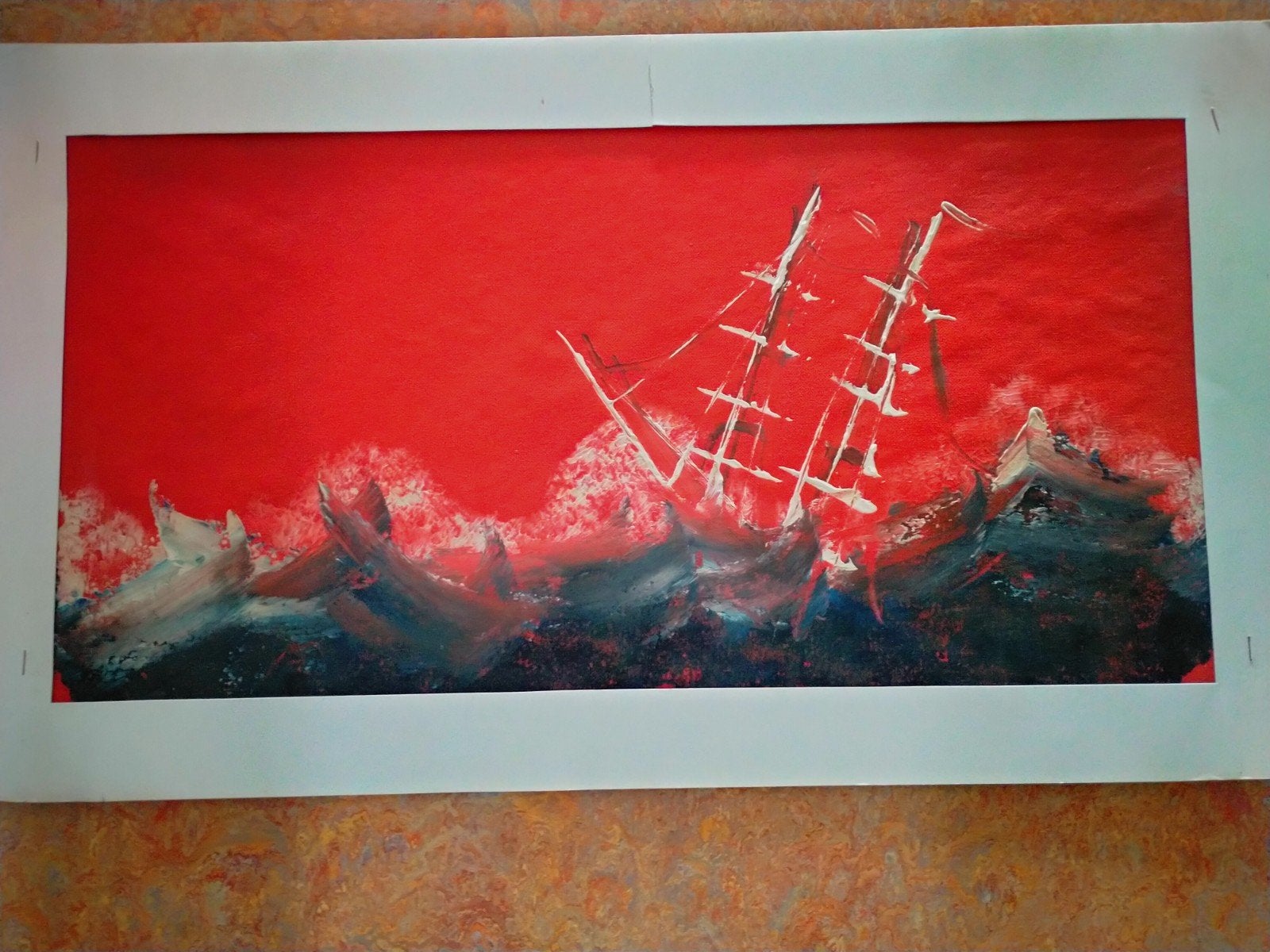 Schilderij: Schip op woeste zee (rood), Antiek en Kunst, Ophalen