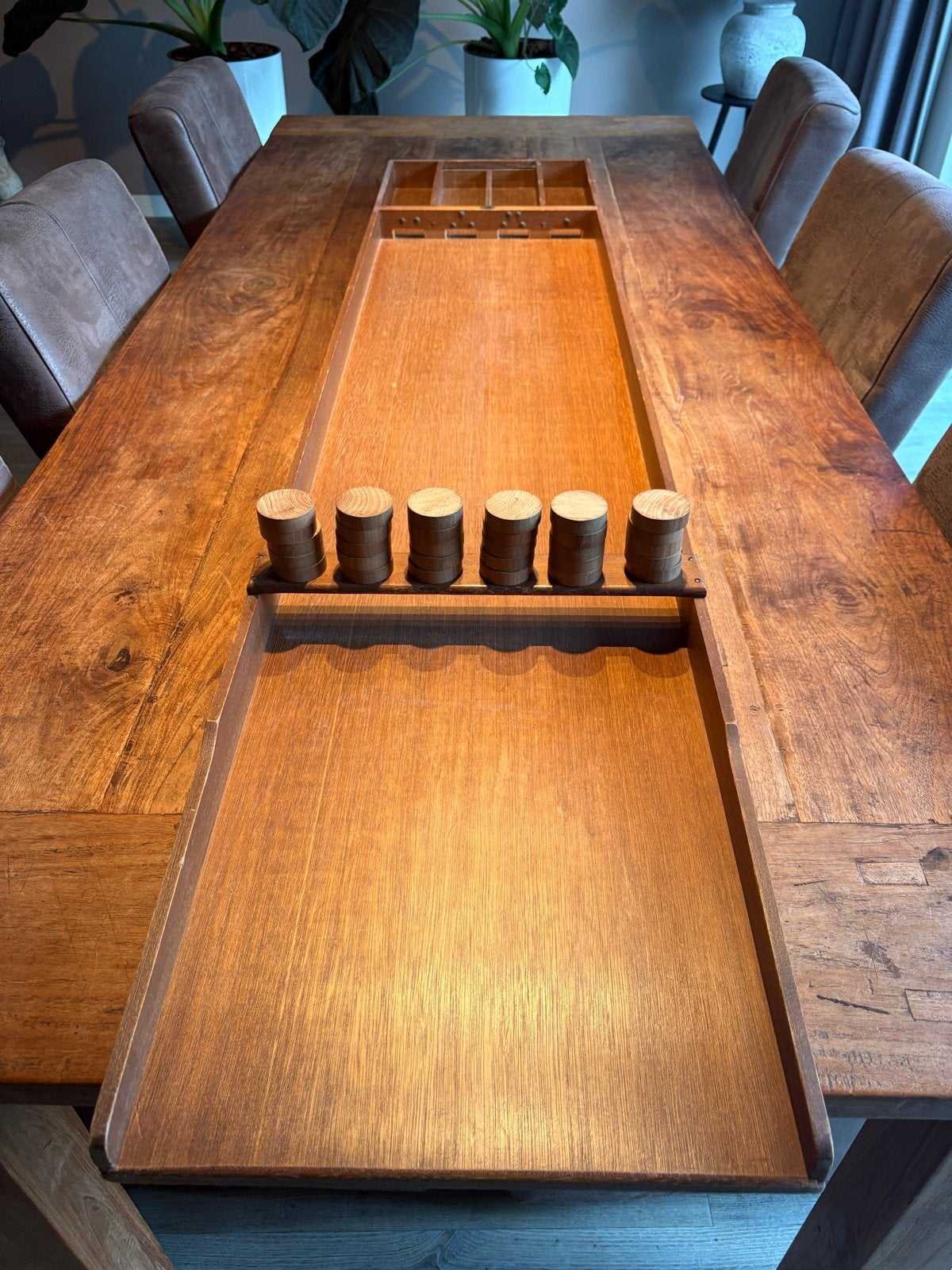 Antieke Hommas Sjoelbak - 184x39 cm met 30 stenen, Een of twee spelers, Ophalen, Gebruikt, Homas Spelen