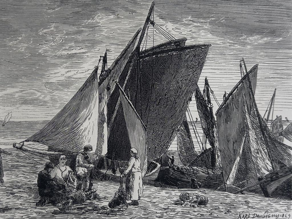 Originele gravure - Vissersboten, Karl Daubigny - Salon 1869, Dagelijks leven, Verzenden, 40 cm, 30 cm