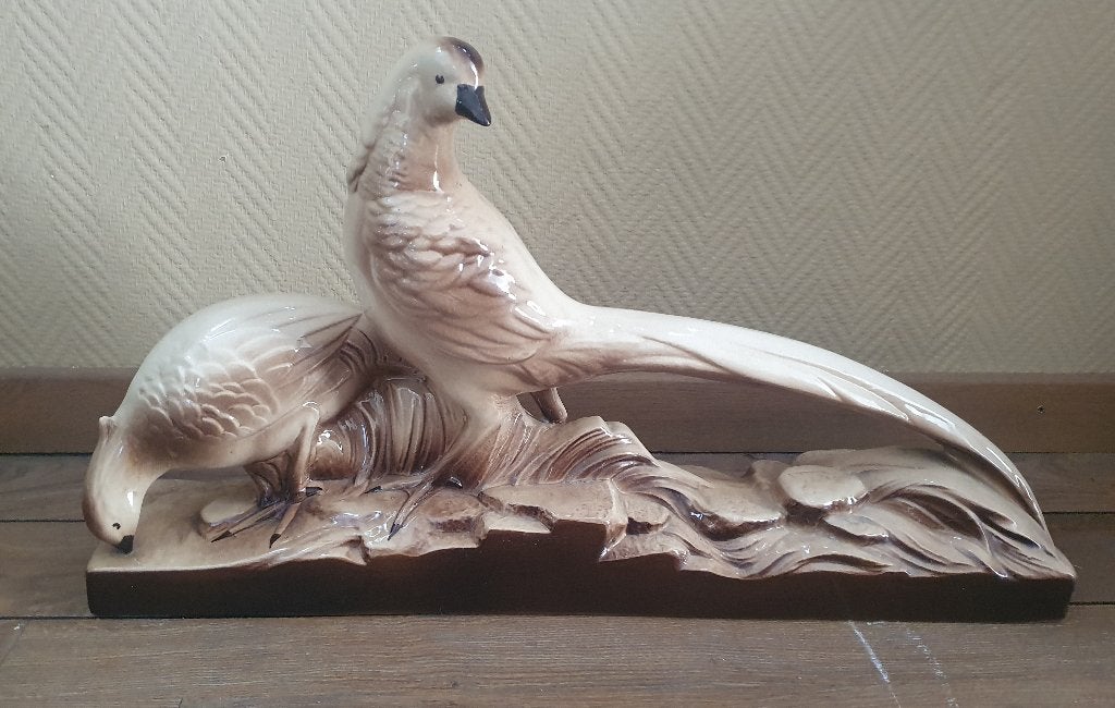Art Deco beeld van 2 fazanten, Art deco, Steen of Keramiek, Beeld, Beige