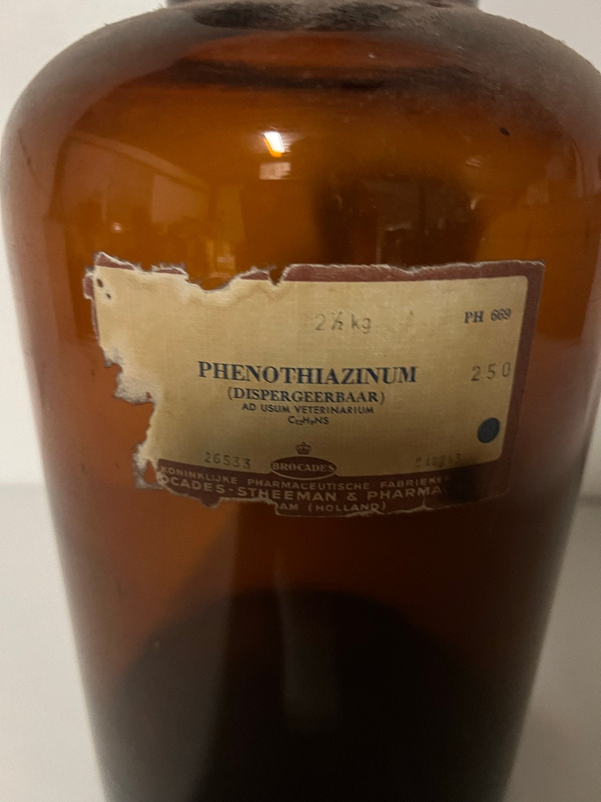 Antieke apothekersfles met etiket - Phenothiazinum, Ophalen of Verzenden