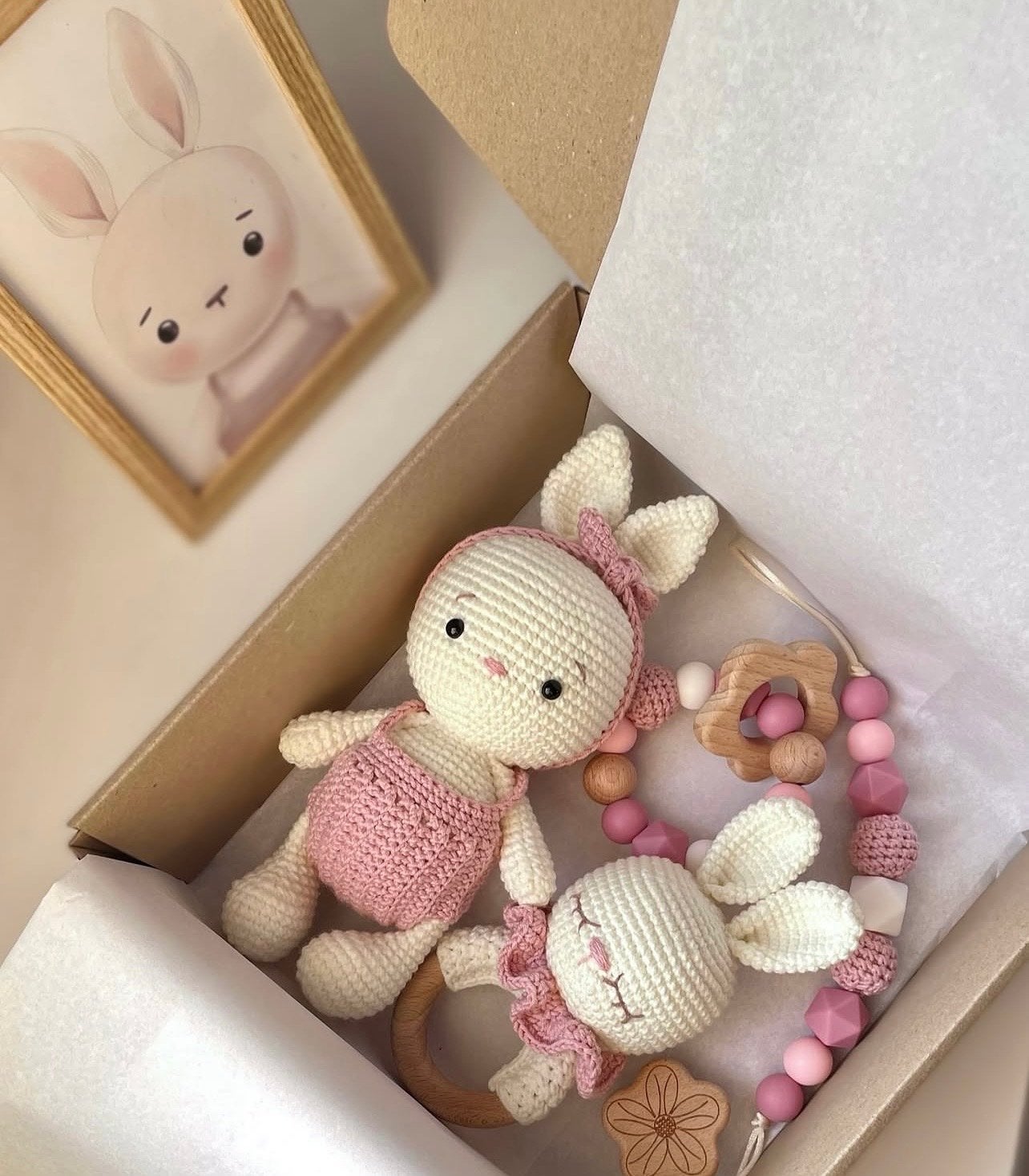 Handgemaakte Baby Speelset: Pop, Rammelaar, Bijtring, Speenc, Ophalen of Verzenden, Nieuw, Overige typen
