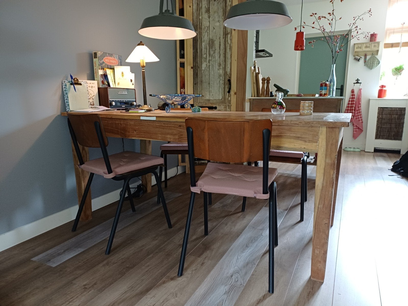 Eetkamerstoelen vintage mooi warm hout, Ophalen, Rechthoekig, 50 tot 100 cm