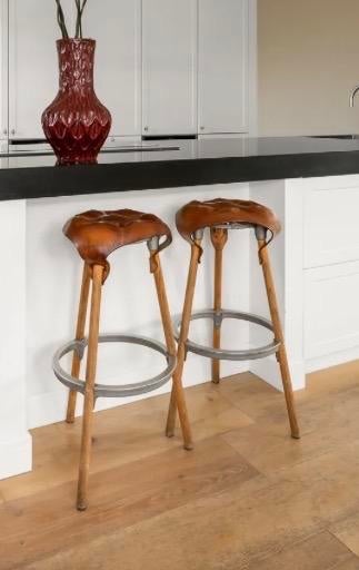 2 barkrukken (81-40cm)  leer, Sjoers Vroonland design, Gebruikt, 60 tot 90 cm, Leer, Ophalen of Verzenden