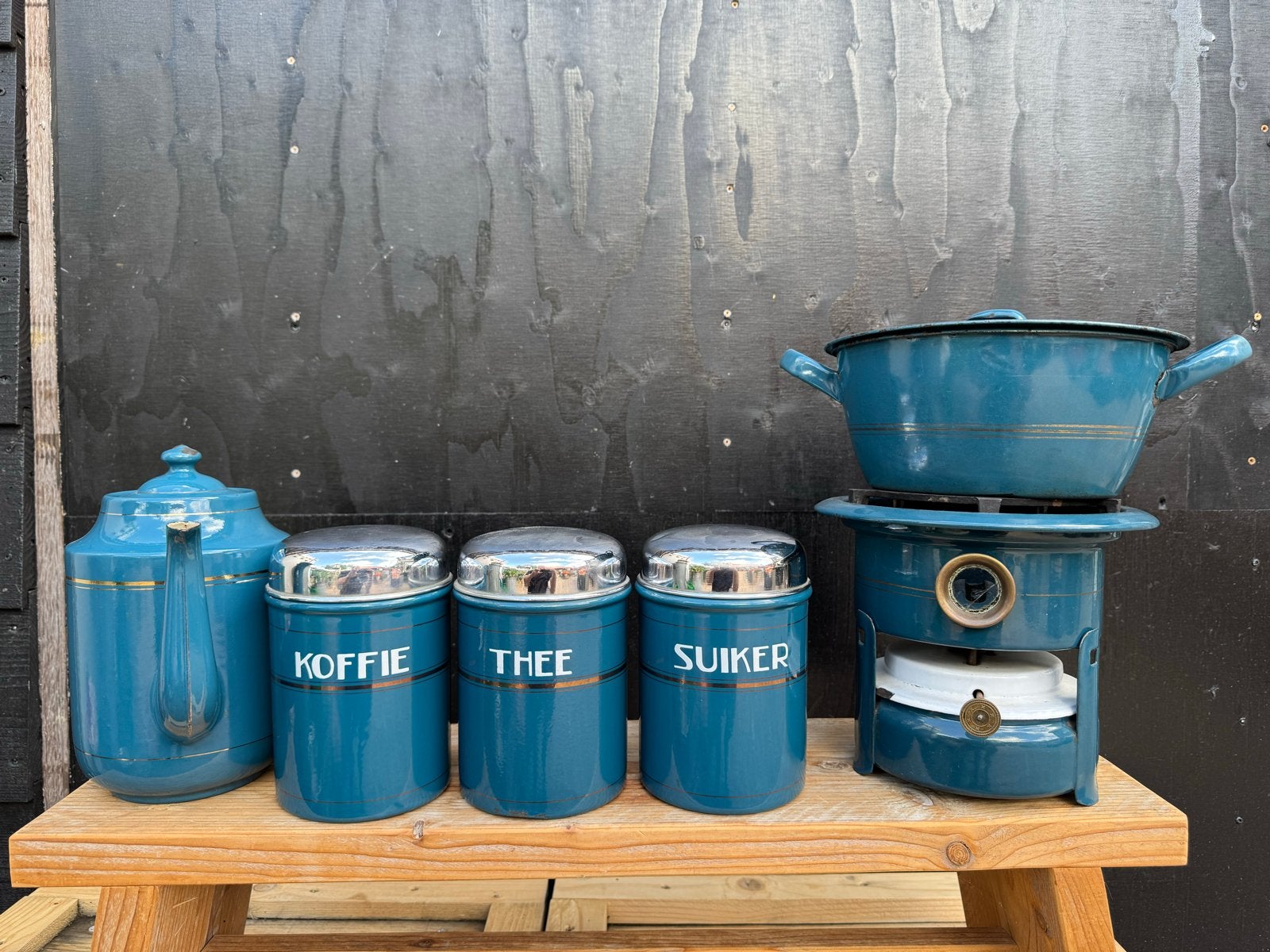 Vintage Emaille Petroleumstel met Potten - petrol Blauw, Antiek en Kunst, Antiek | Emaille, Ophalen