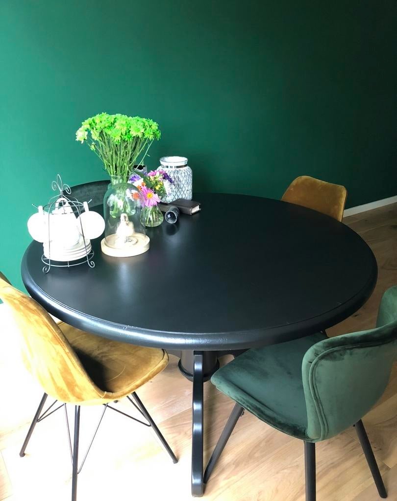 Ronde eettafel zwart, Ophalen, Gebruikt, 100 tot 150 cm, Rond