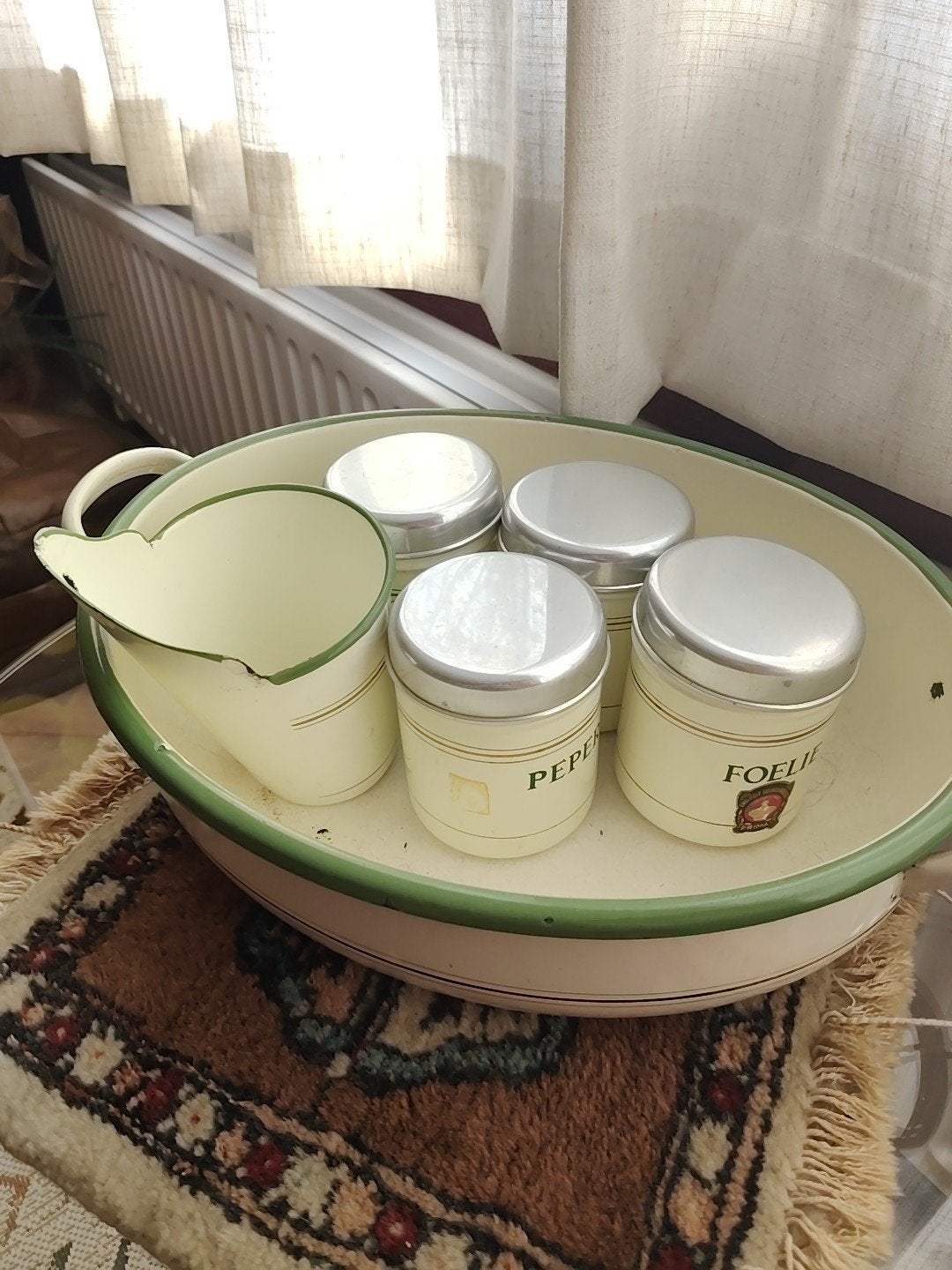 Vintage emaille keuken set - schaal, kruidenpotjes, wandpot, Ophalen of Verzenden