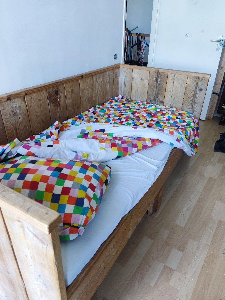 Steigerhouten bedbank met uitschuifbaar onderbed, Ophalen, Gebruikt, 90 cm, Rustiek