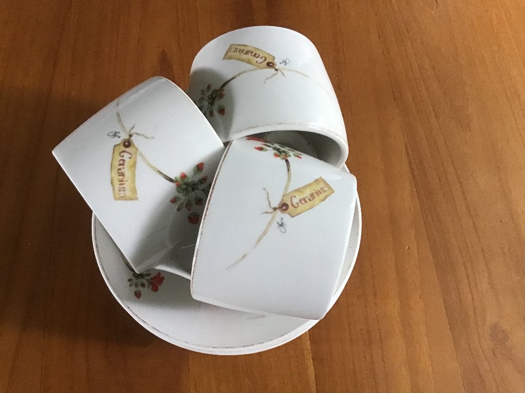 Geranium Jet ter Steege drie kop met schotels, Ophalen, Zo goed als nieuw, Overige stijlen, Kop(pen) en/of Schotel(s)