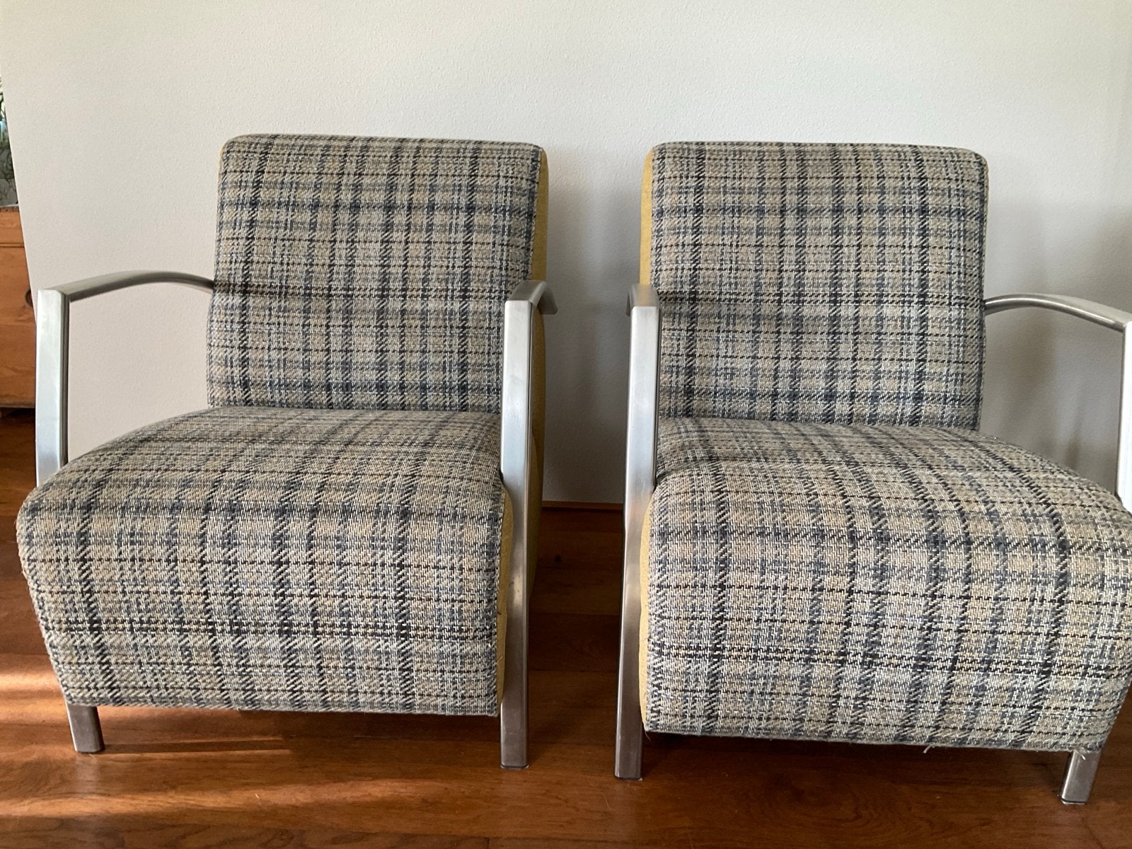 Set van 2 Vintage Fauteuils met Aluminium Frame en Ruitstof, Huis en Inrichting, Gebruikt, 75 tot 100 cm, Ophalen of Verzenden