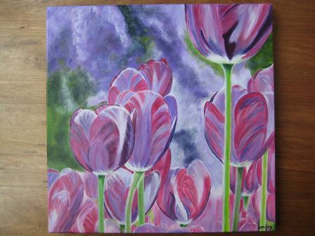 Handgeschilderde Paarse Tulpen (50 x 50 cm.), Ophalen, Nieuw, Schilderij, 50 tot 75 cm