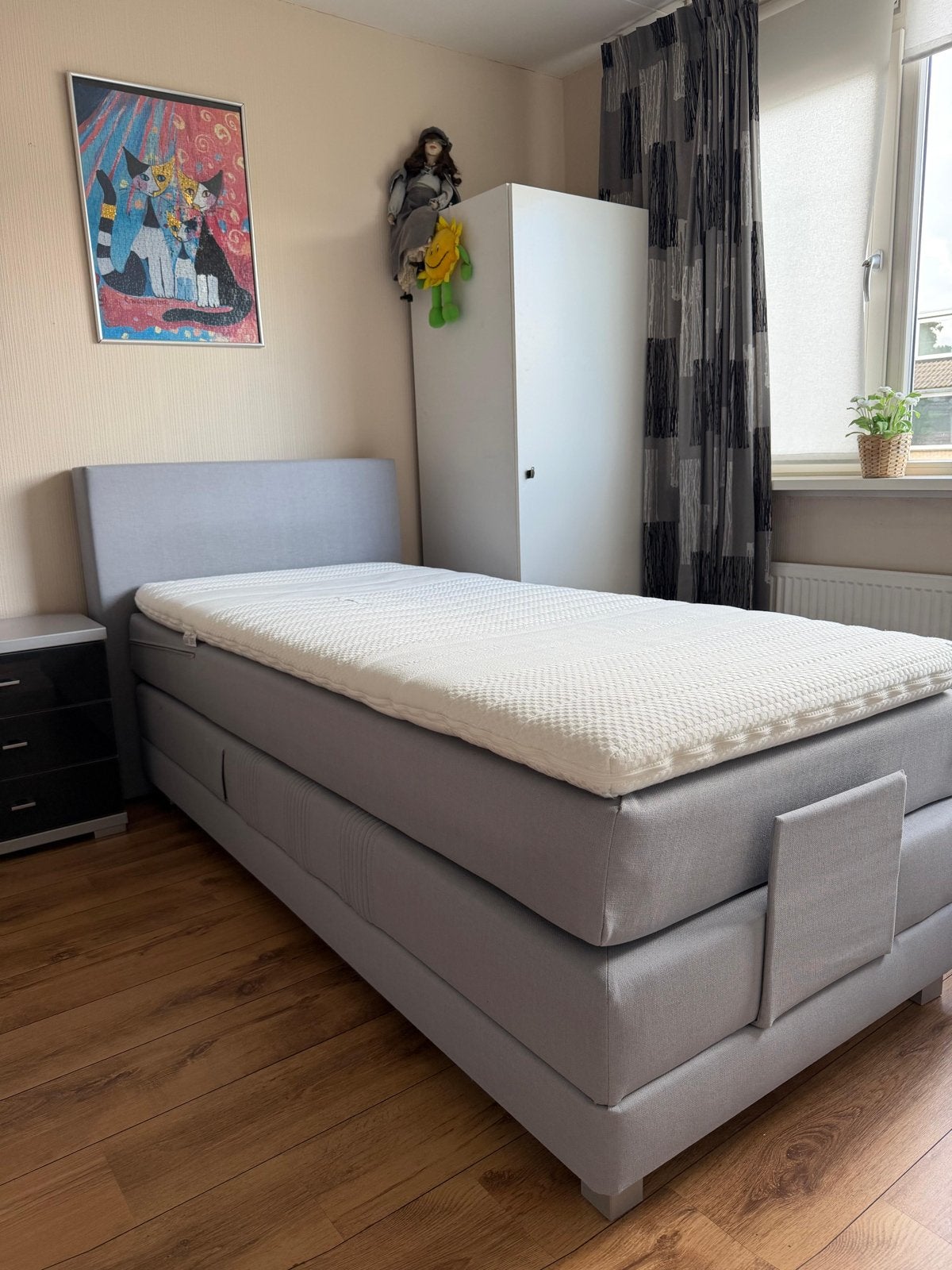 Eenpersoons boxspring met matras en hoofdbord, Ophalen, Verstelbaar, 90 cm, Eenpersoons