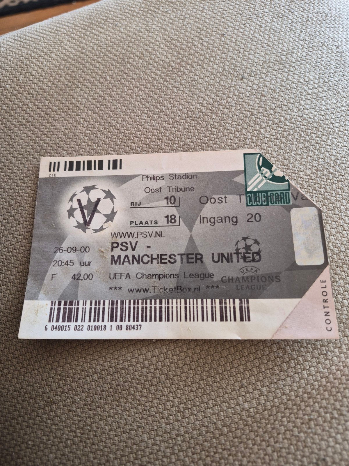 Ticket PSV - Manchester United, Ophalen of Verzenden, Gebruikt, PSV, Overige typen