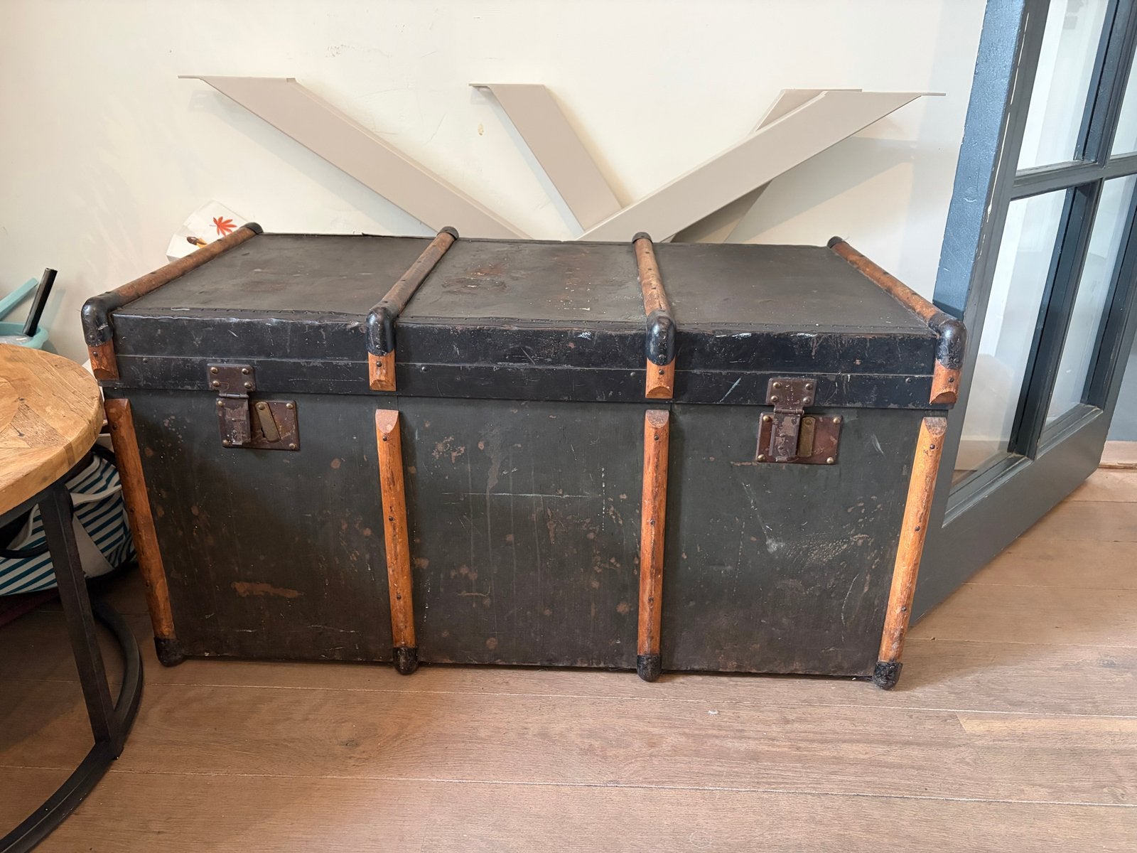Vintage Koffer / Reiskist - Groen met Houten Details, Huis en Inrichting, Woonaccessoires | Kisten, Gebruikt, 100 tot 150 cm, Ophalen of Verzenden