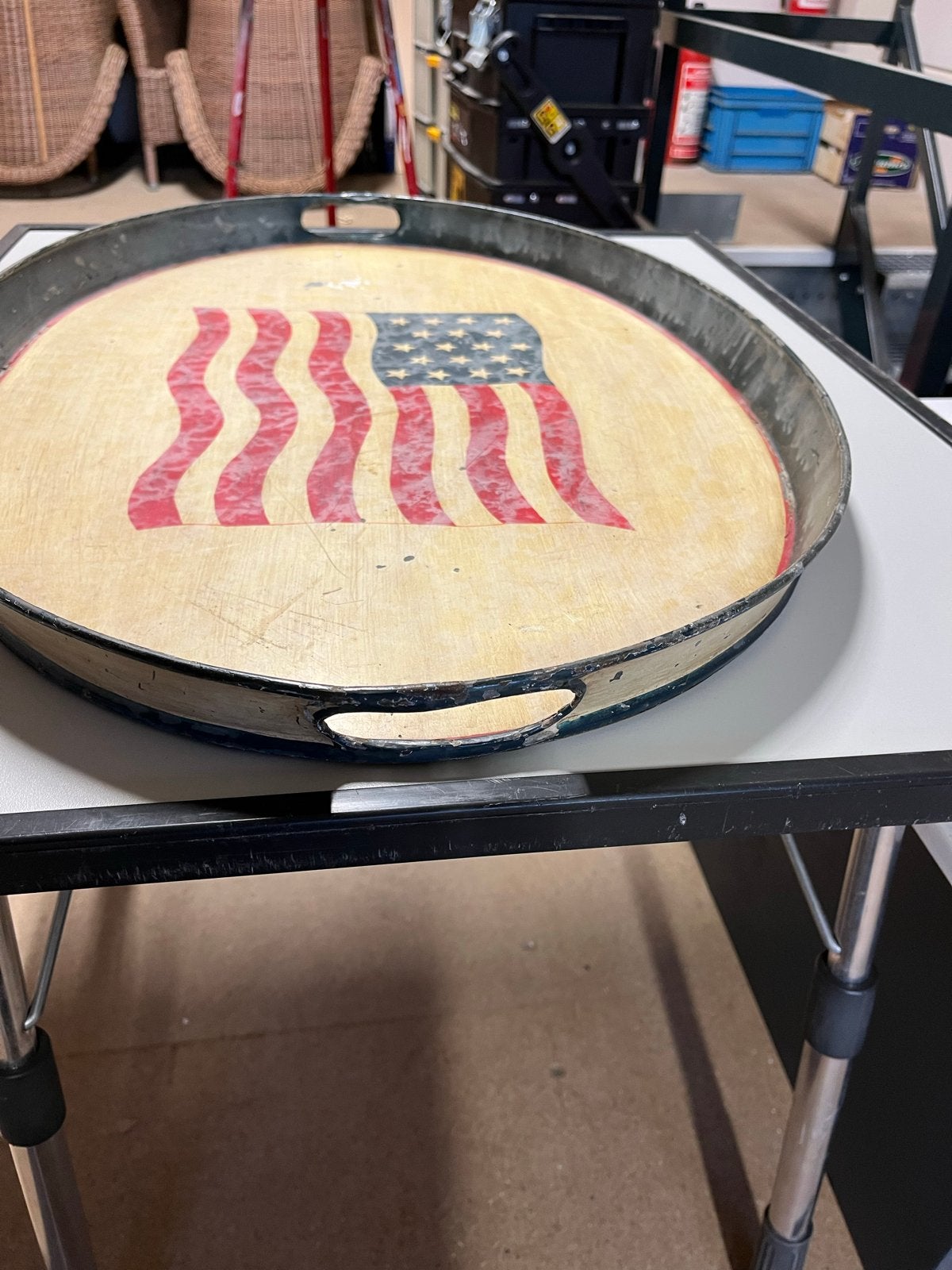 Groot Oud/Antiek Zinken Dienblad met USA Vlag Afbeelding, Ophalen of Verzenden