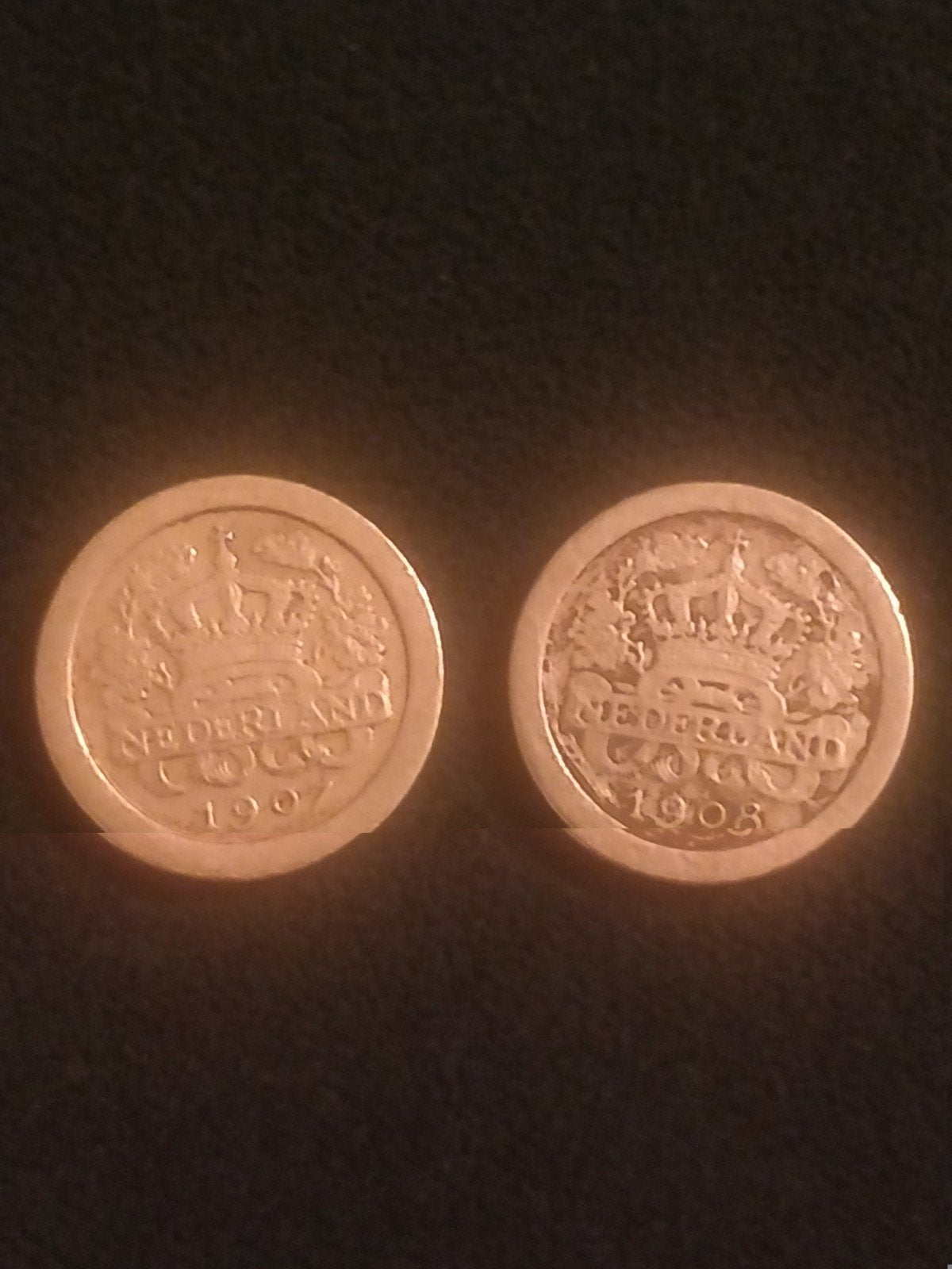 Setje van 2 Nederlandse 5 cent munten uit 1907 en 1908, Ophalen of Verzenden, Koningin Wilhelmina, 5 cent, Setje