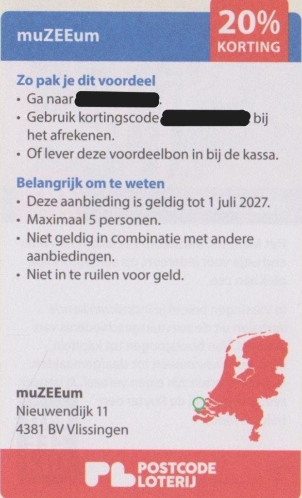 muZEEum Vlissingen. 20% korting. Postcodeloterij voordeelbon, Drie personen of meer, Kortingskaart
