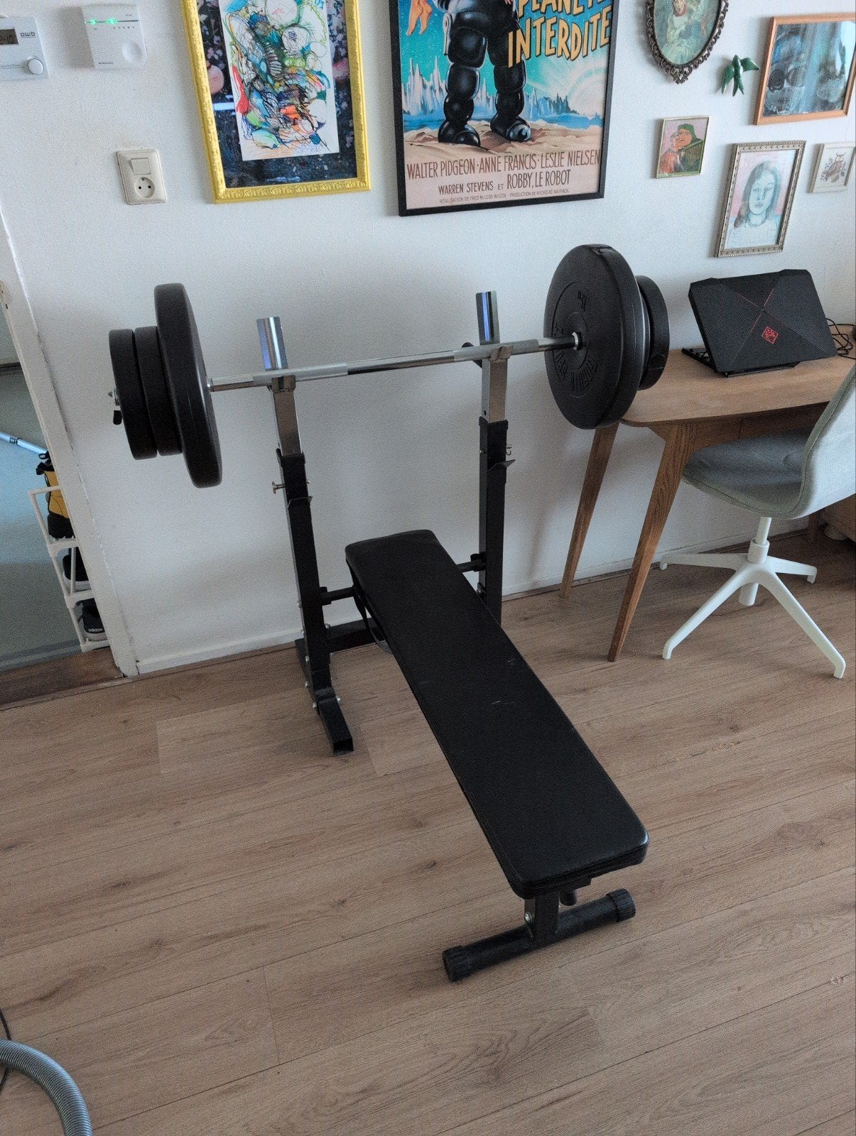 Fitnessbank met halterstang en gewichten (4x5kg + 2x15kg), Sport en Fitness, Fitnessmaterialen, Ophalen, Gebruikt, Rug, Fitnessbank