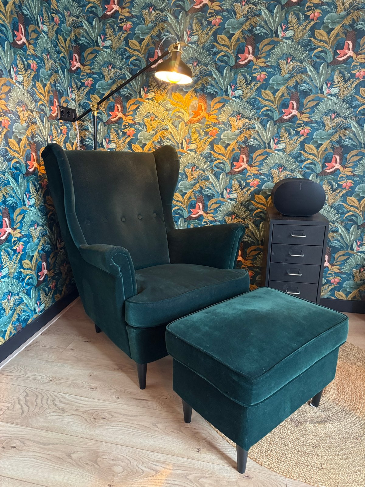IKEA Strandmon fauteuil met voetenbank, Ophalen of Verzenden, Gebruikt, Stof, 75 tot 100 cm