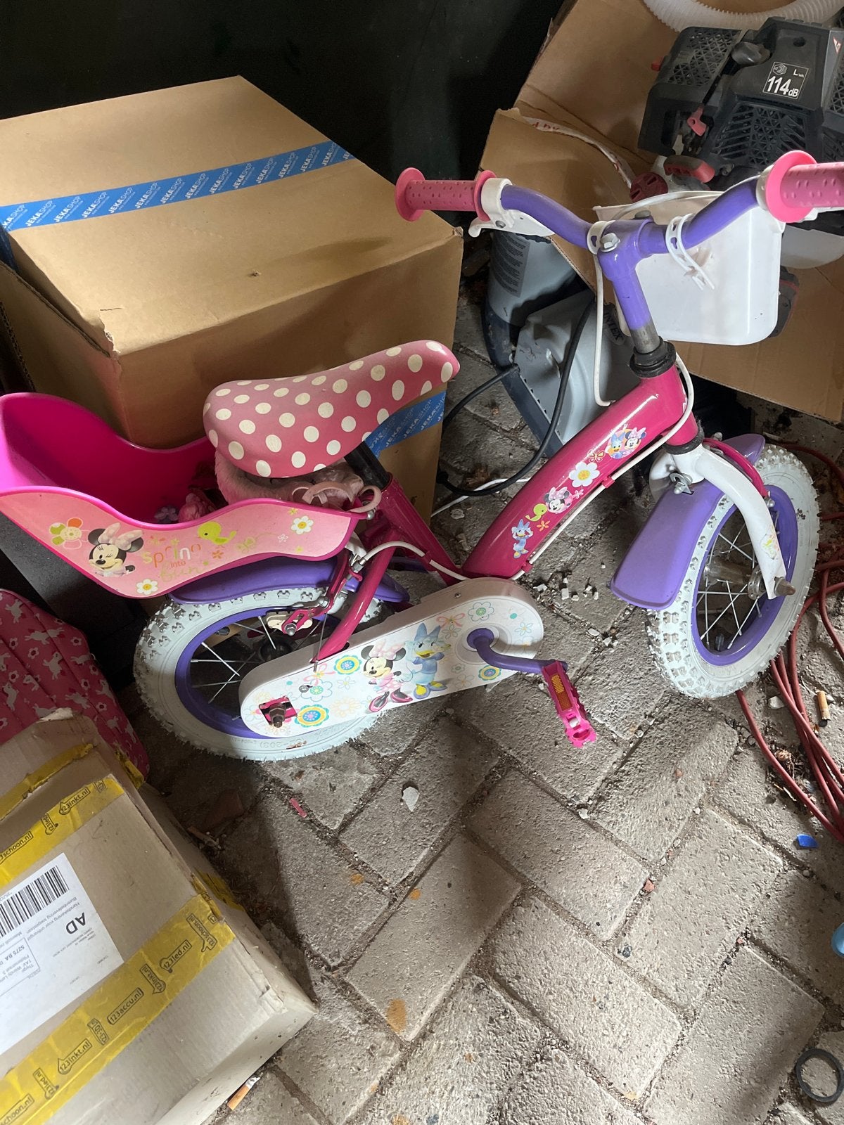 Minnie Mouse Kinderfiets - Roze/Paars, Ophalen, Gebruikt, Terugtraprem, Minder dan 16 inch