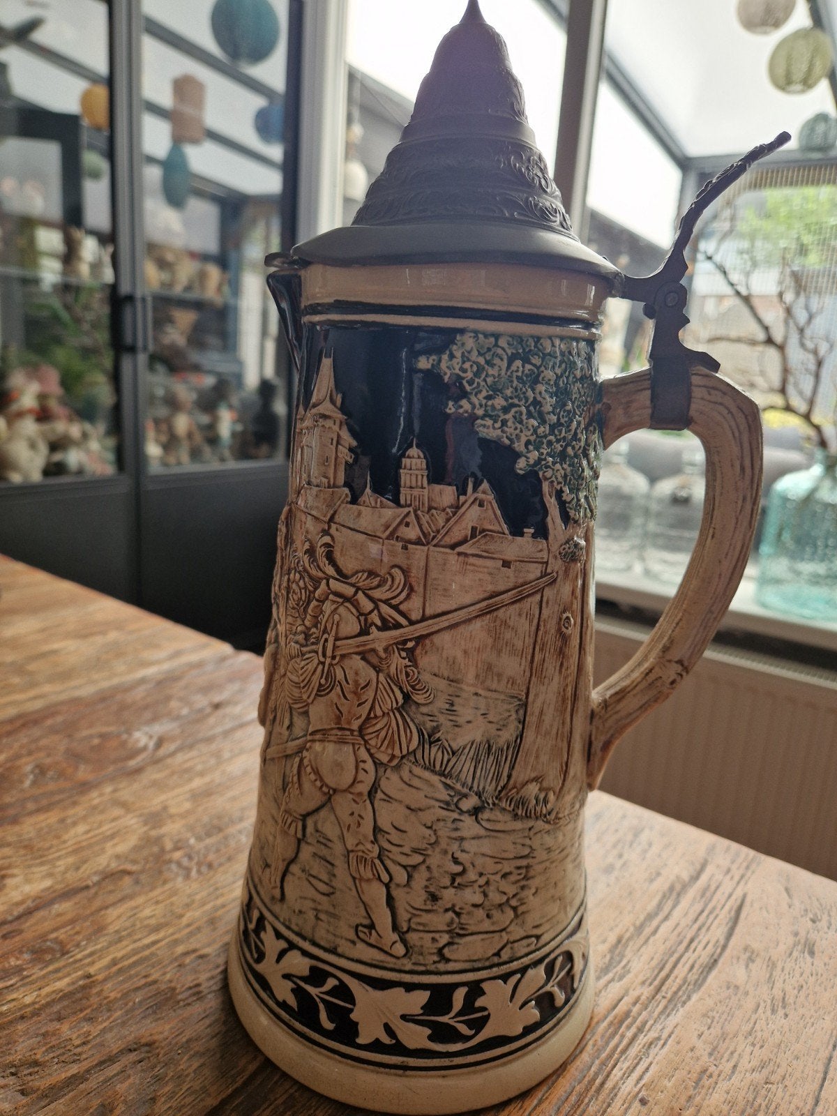 Antieke Duitse Bierpul met Tinnen Deksel - 1/2 Liter, Antiek en Kunst, Ophalen of Verzenden